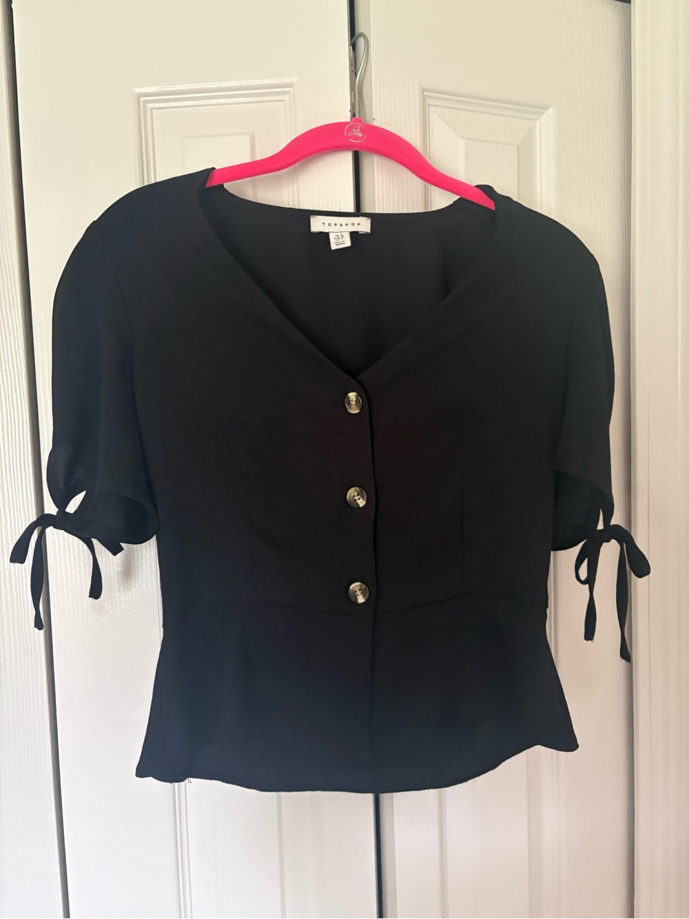 Topshop Black V-Neck Button Front Tie Sleeve Blouse
